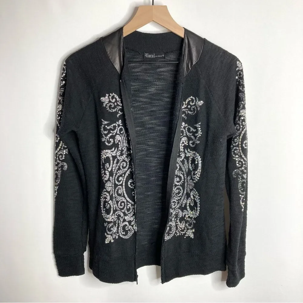 Vocal Black Rhinestone Embellished Zip Up Lightweight Cardigan Top Medium Y2K